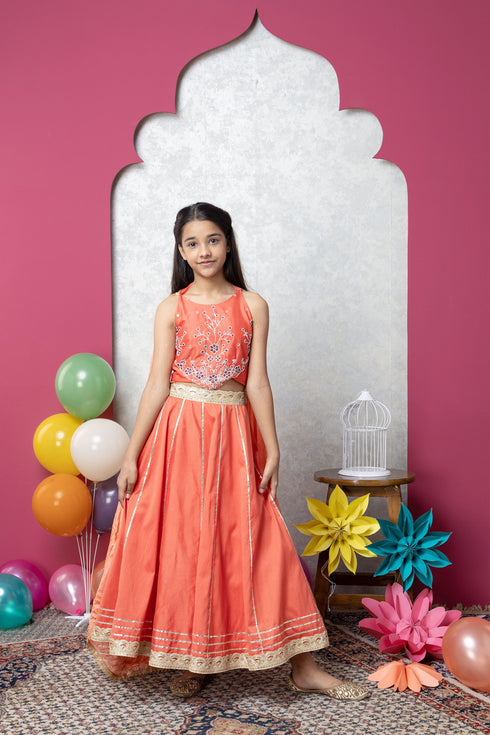 floral orange lehenga